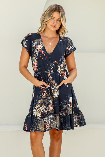 JAASE - Indigo Mini Dress: Butterfly Cap Sleeve Button Down Dress With Pockets