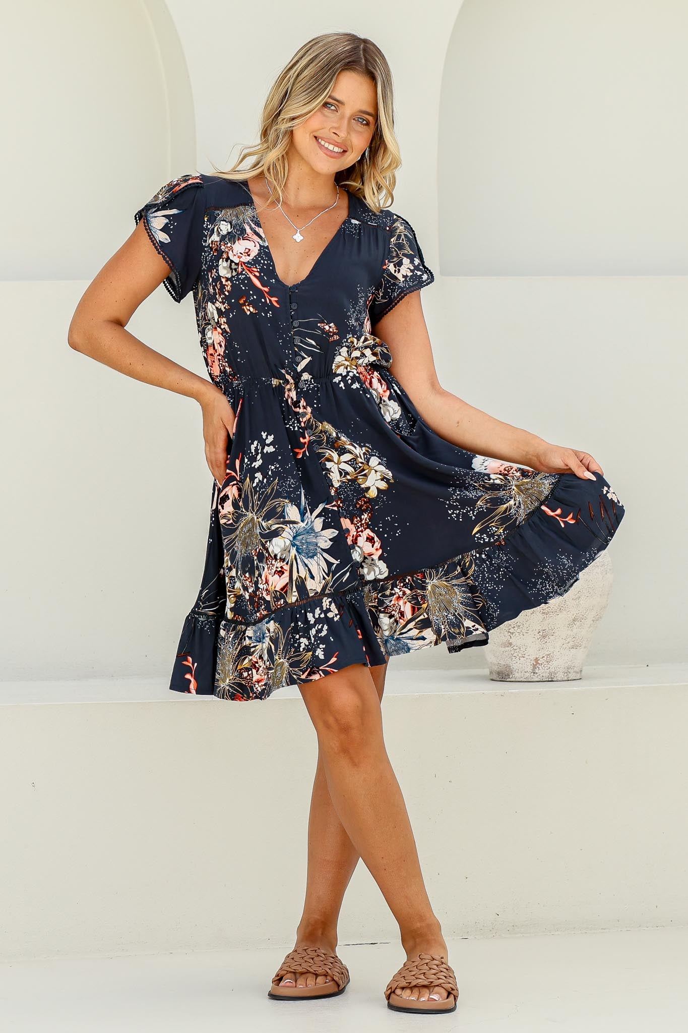 JAASE - Indigo Mini Dress: Butterfly Cap Sleeve Button Down Dress With Pockets