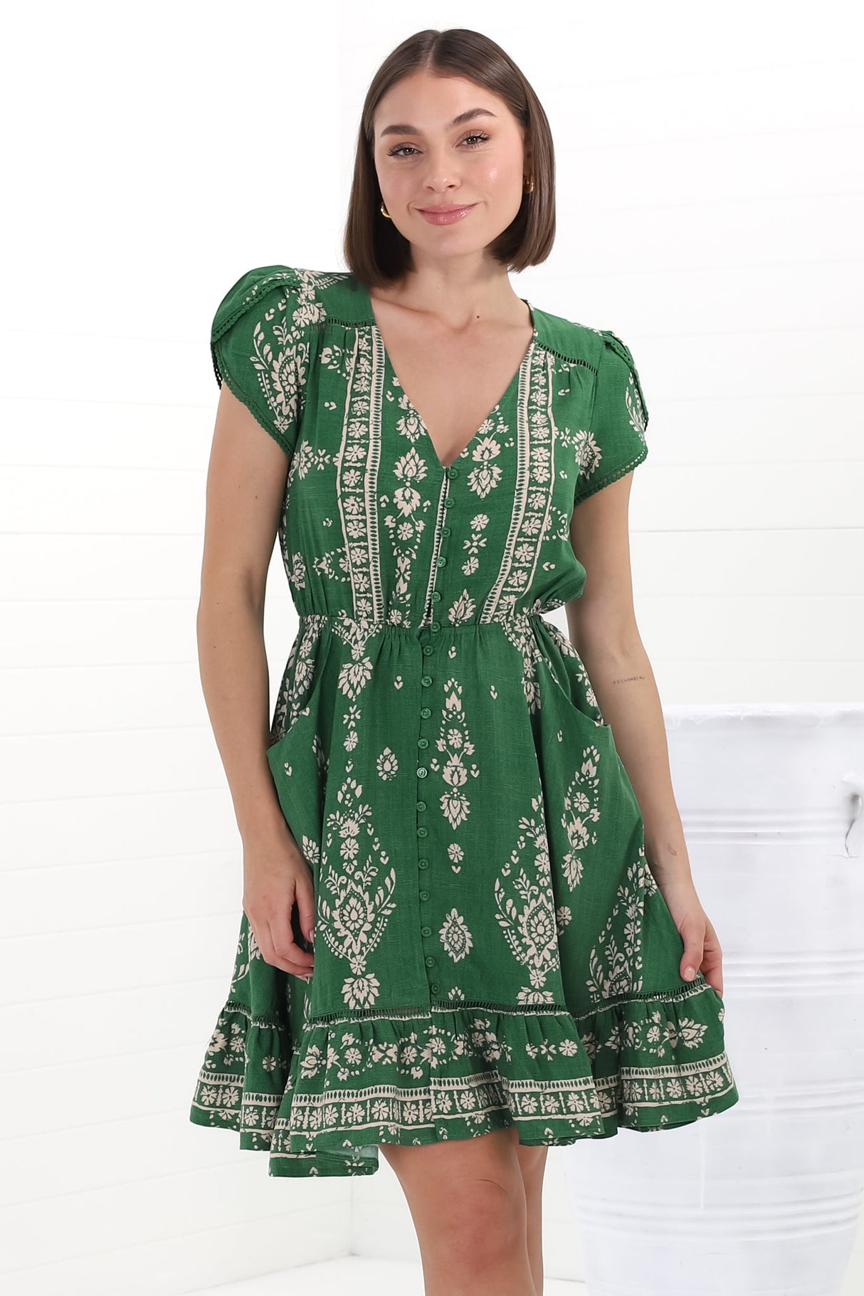 JAASE - Lizzie Mini Dress: Butterfly Cap Sleeve Button Down Dress with Pockets in Kiva Print