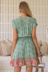 JAASE - Lizzie Mini Dress: Butterfly Cap Sleeve Button Down Dress with Pockets in Meadowland Print