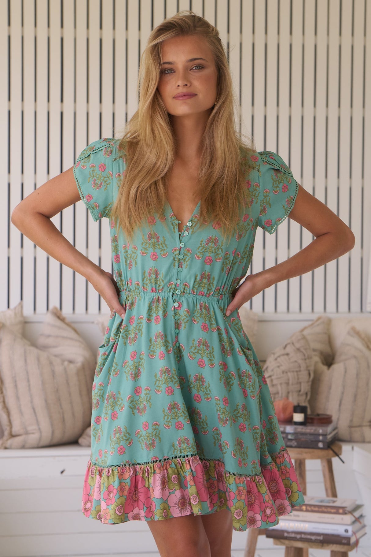 Lizzie Mini Dress - Butterfly Cap Sleeve Button Down Dress with Pockets in Meadowland Print