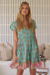 JAASE - Lizzie Mini Dress: Butterfly Cap Sleeve Button Down Dress with Pockets in Meadowland Print