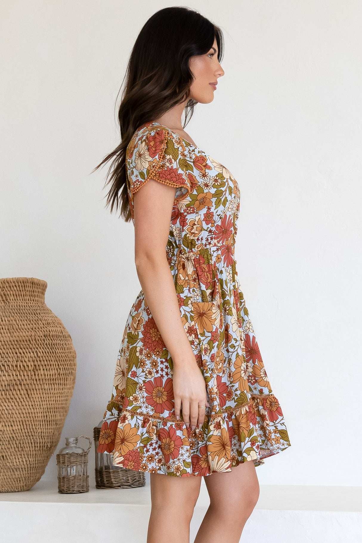 JAASE - Lizzie Mini Dress: Butterfly Cap Sleeve Button Down Dress with Pockets in Mimosa Print
