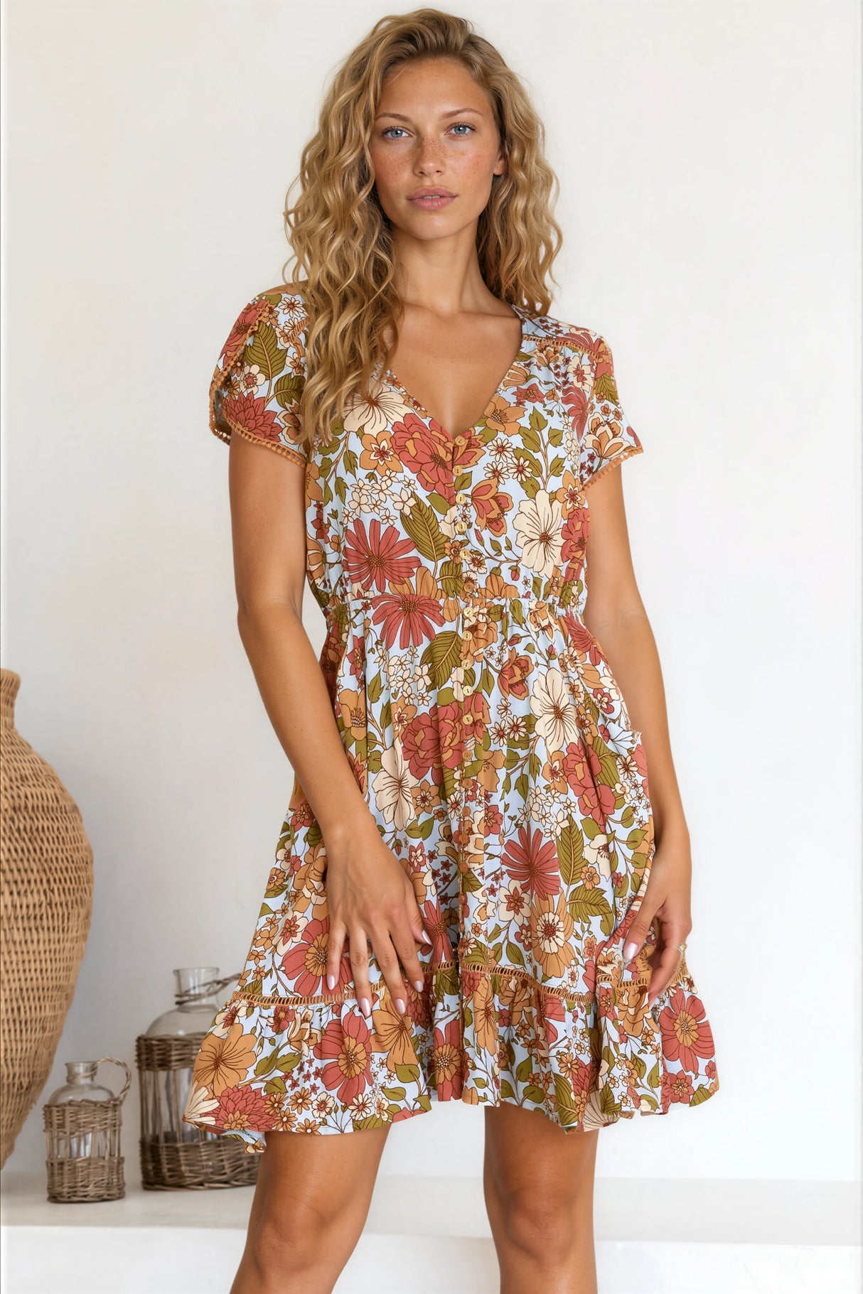 JAASE - Lizzie Mini Dress: Butterfly Cap Sleeve Button Down Dress with Pockets in Mimosa Print