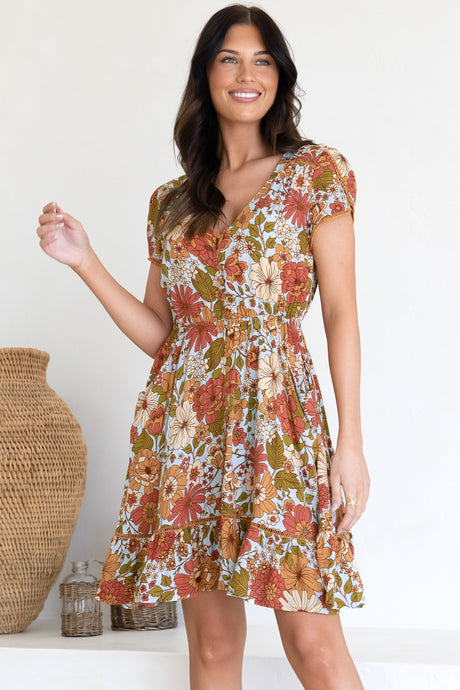 JAASE - Lizzie Mini Dress: Butterfly Cap Sleeve Button Down Dress with Pockets in Mimosa Print