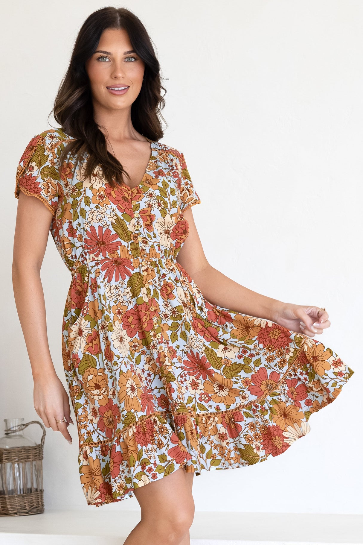 JAASE - Lizzie Mini Dress: Butterfly Cap Sleeve Button Down Dress with Pockets in Mimosa Print