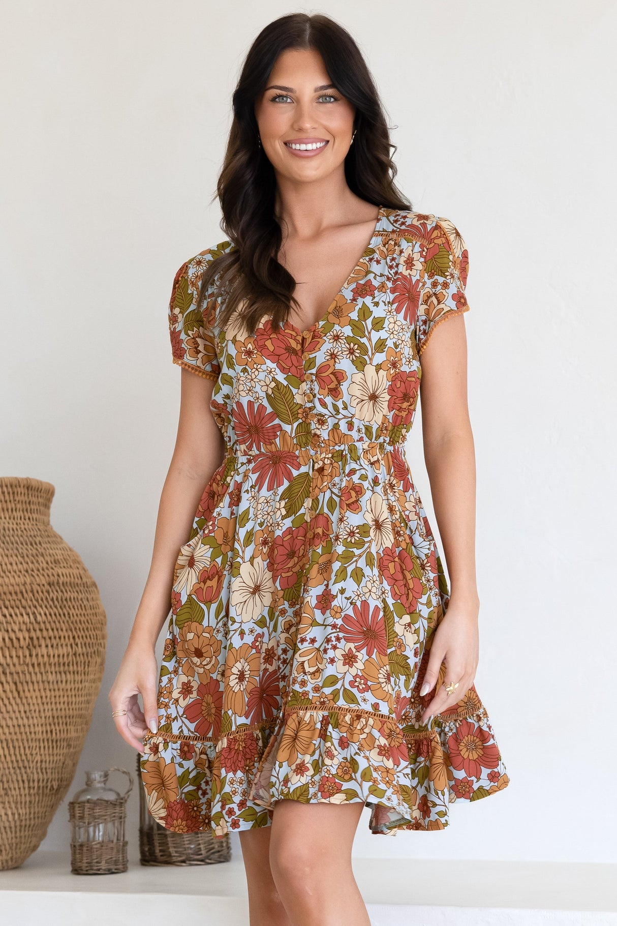 JAASE - Lizzie Mini Dress: Butterfly Cap Sleeve Button Down Dress with Pockets in Mimosa Print