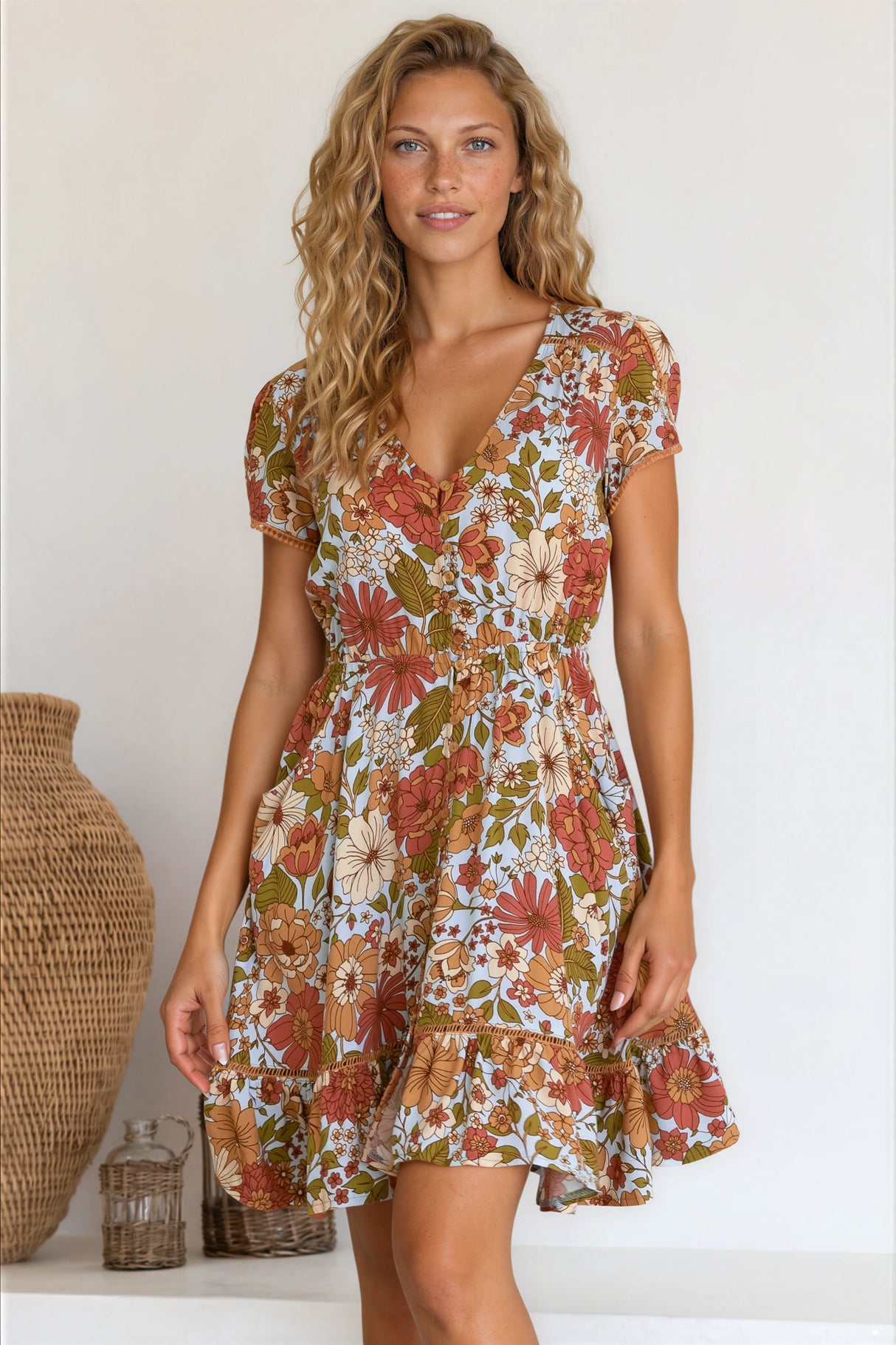 JAASE - Lizzie Mini Dress: Butterfly Cap Sleeve Button Down Dress with Pockets in Mimosa Print