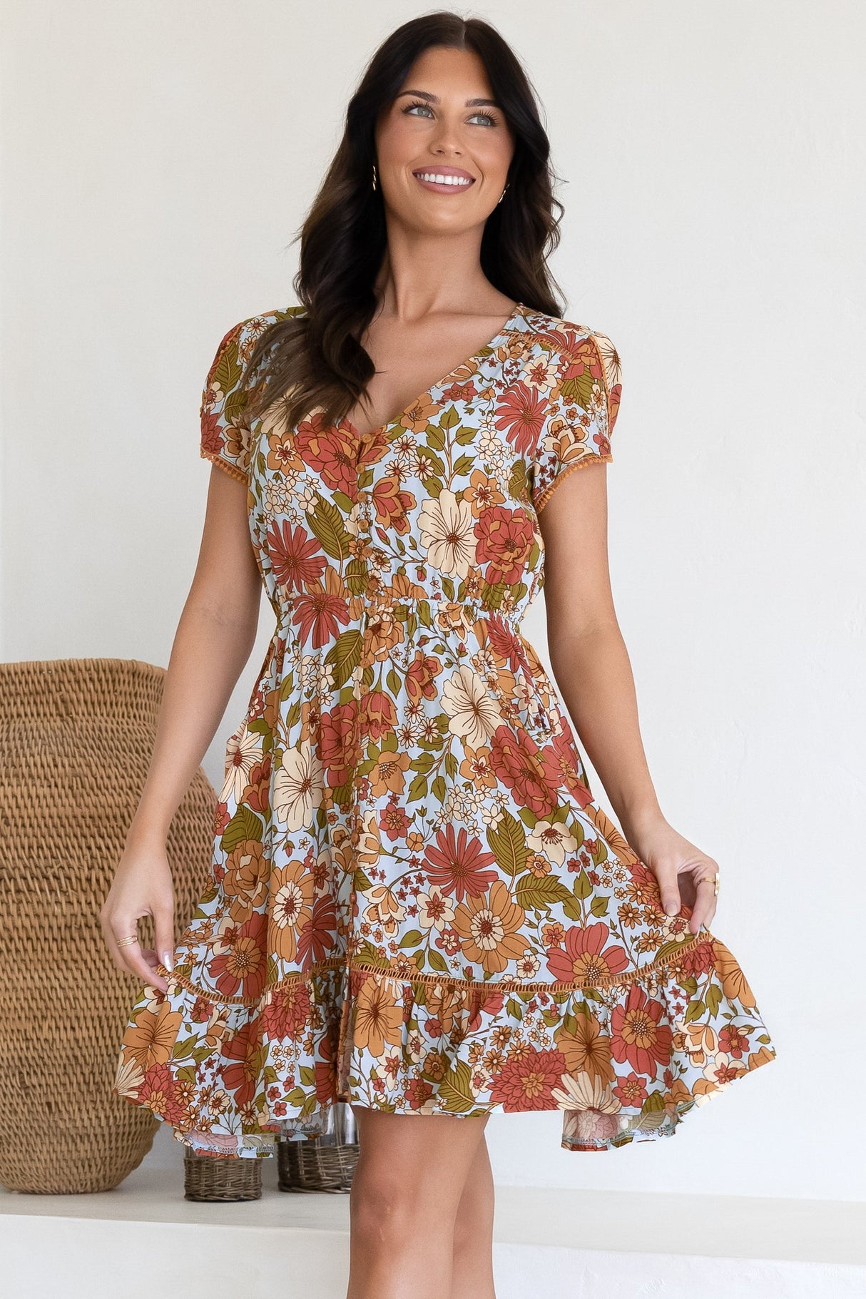 JAASE - Lizzie Mini Dress: Butterfly Cap Sleeve Button Down Dress with Pockets in Mimosa Print