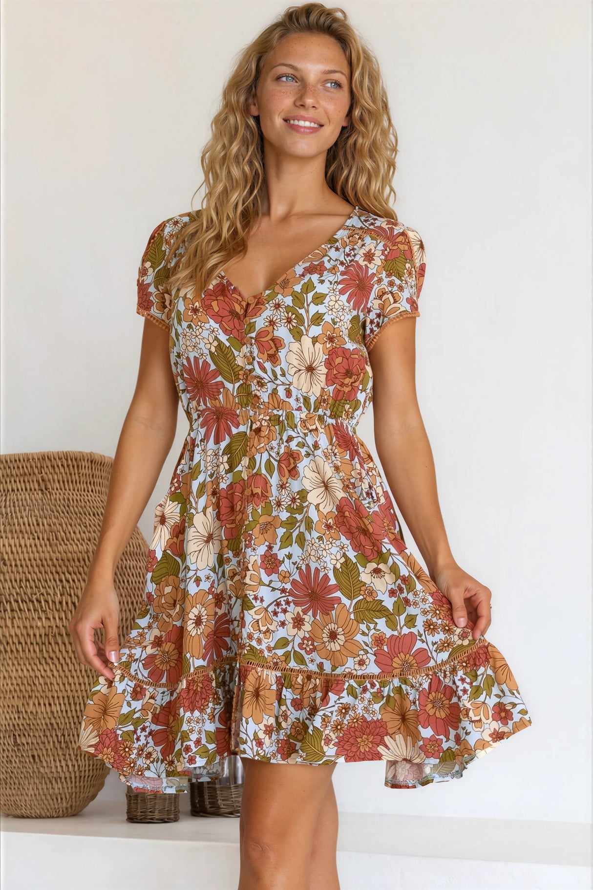JAASE - Lizzie Mini Dress: Butterfly Cap Sleeve Button Down Dress with Pockets in Mimosa Print