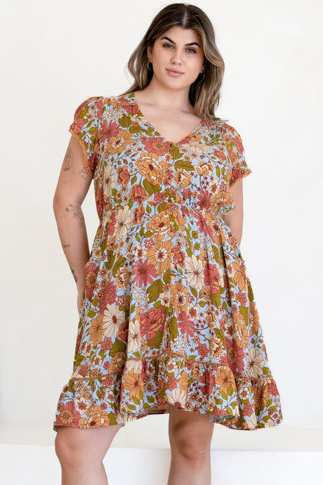 JAASE - Lizzie Mini Dress: Butterfly Cap Sleeve Button Down Dress with Pockets in Mimosa Print