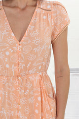 Lizzie Mini Dress - Butterfly Cap Sleeve Button Down Dress with Pockets in Peach Island Print