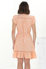 Lizzie Mini Dress - Butterfly Cap Sleeve Button Down Dress with Pockets in Peach Island Print