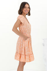 Lizzie Mini Dress - Butterfly Cap Sleeve Button Down Dress with Pockets in Peach Island Print