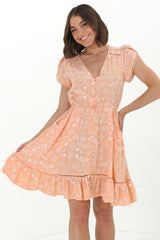 Lizzie Mini Dress - Butterfly Cap Sleeve Button Down Dress with Pockets in Peach Island Print