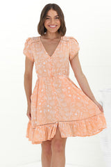 Lizzie Mini Dress - Butterfly Cap Sleeve Button Down Dress with Pockets in Peach Island Print