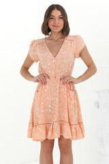 Lizzie Mini Dress - Butterfly Cap Sleeve Button Down Dress with Pockets in Peach Island Print