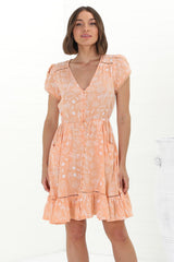 Lizzie Mini Dress - Butterfly Cap Sleeve Button Down Dress with Pockets in Peach Island Print