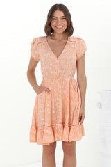 JAASE - Lizzie Mini Dress: Butterfly Cap Sleeve Button Down Dress with Pockets in Peach Island Print