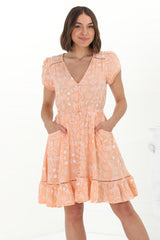 Lizzie Mini Dress - Butterfly Cap Sleeve Button Down Dress with Pockets in Peach Island Print