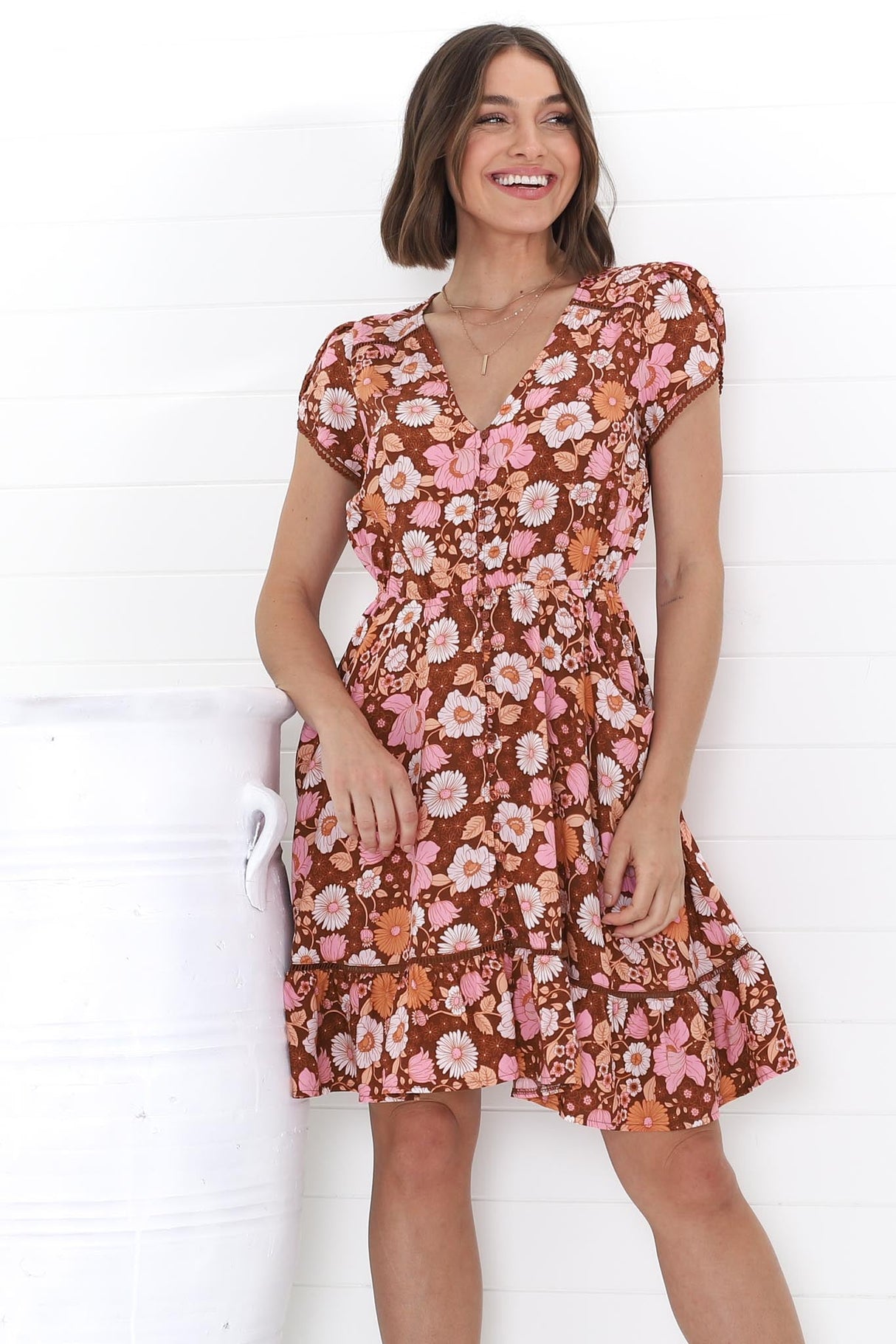 JAASE - Lizzie Mini Dress: Butterfly Cap Sleeve Button Down Dress with Pockets in Pixie Print