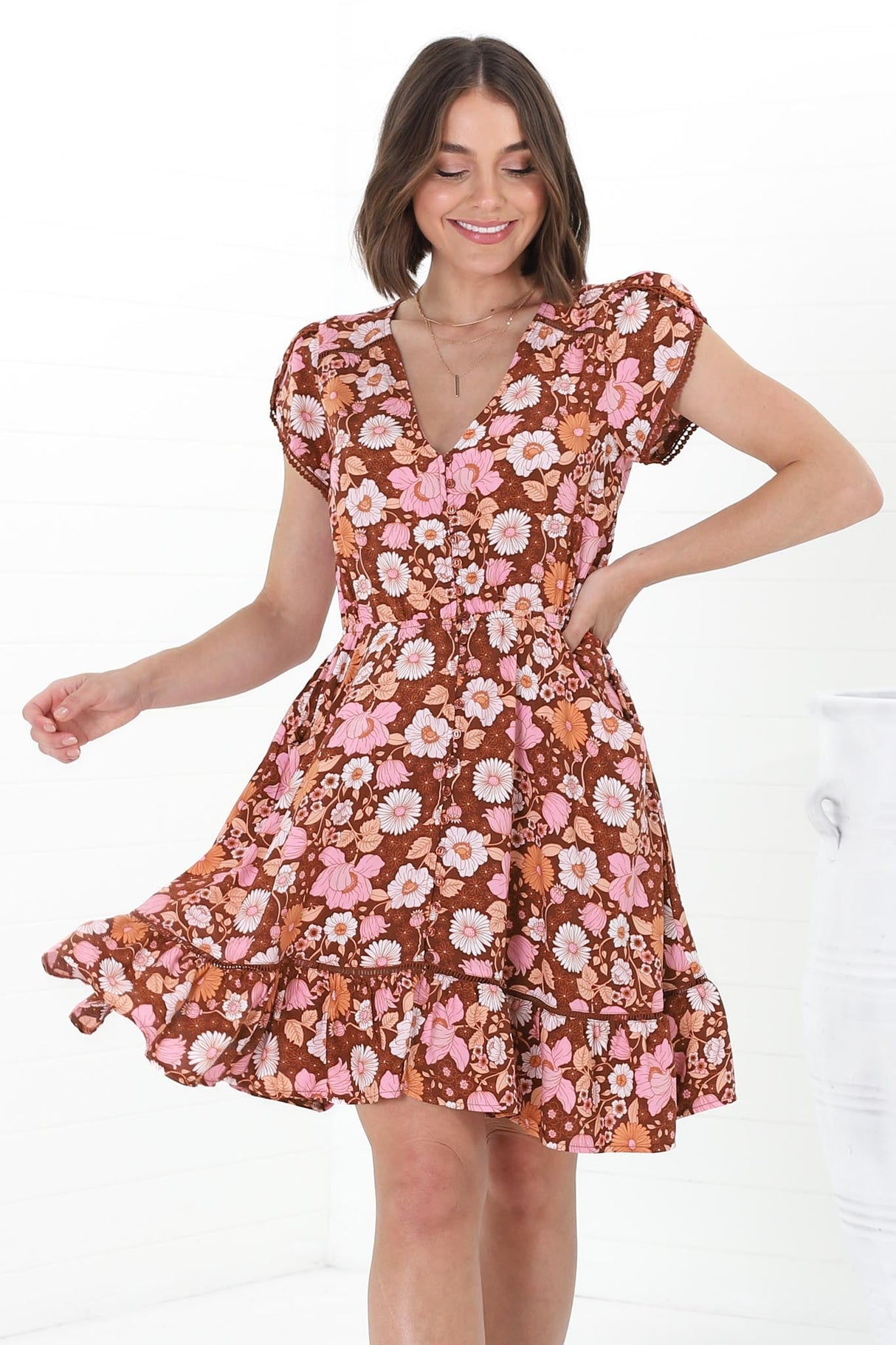 Lizzie Mini Dress - Butterfly Cap Sleeve Button Down Dress with Pockets in Pixie Print