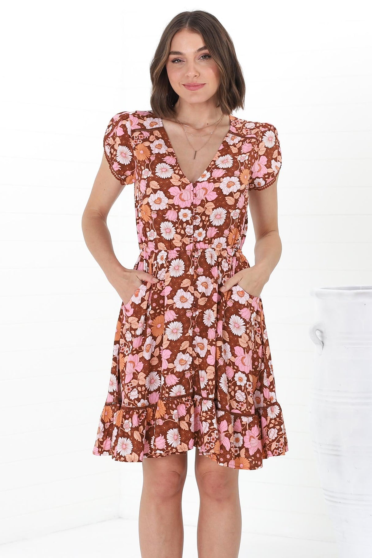 JAASE - Lizzie Mini Dress: Butterfly Cap Sleeve Button Down Dress with Pockets in Pixie Print