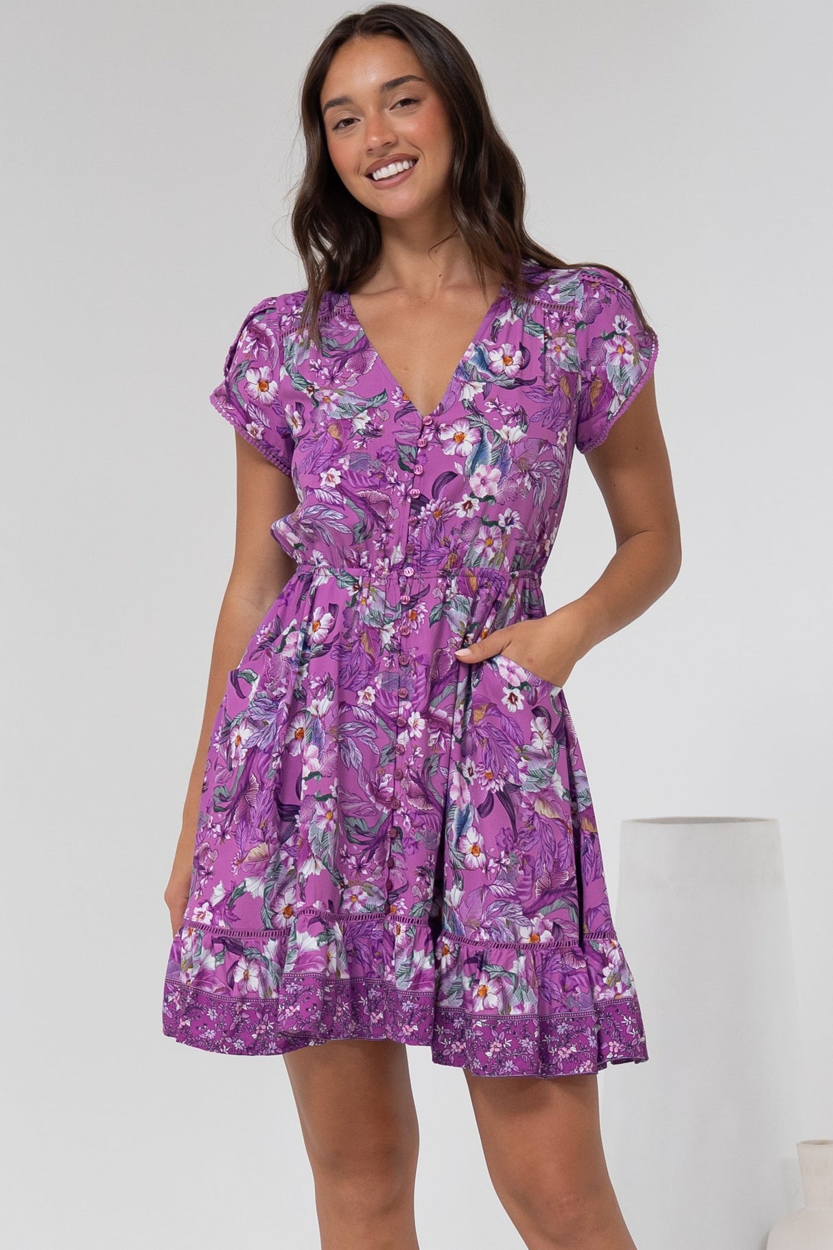 Lizzie Mini Dress - Butterfly Cap Sleeve Button Down Dress with Pockets in Rhodium Print