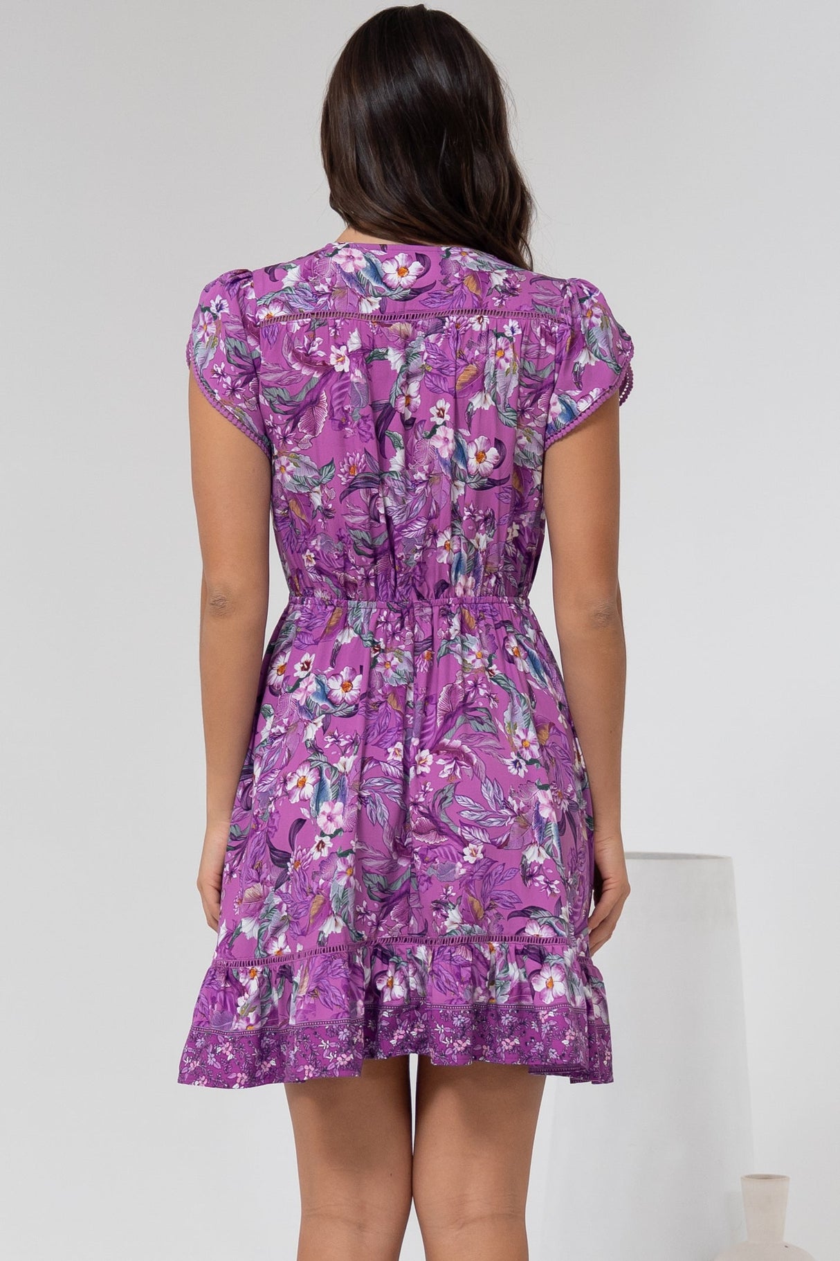 Lizzie Mini Dress - Butterfly Cap Sleeve Button Down Dress with Pockets in Rhodium Print