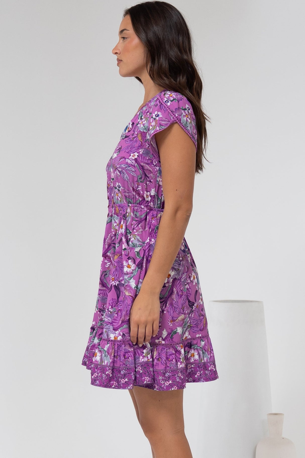 Lizzie Mini Dress - Butterfly Cap Sleeve Button Down Dress with Pockets in Rhodium Print