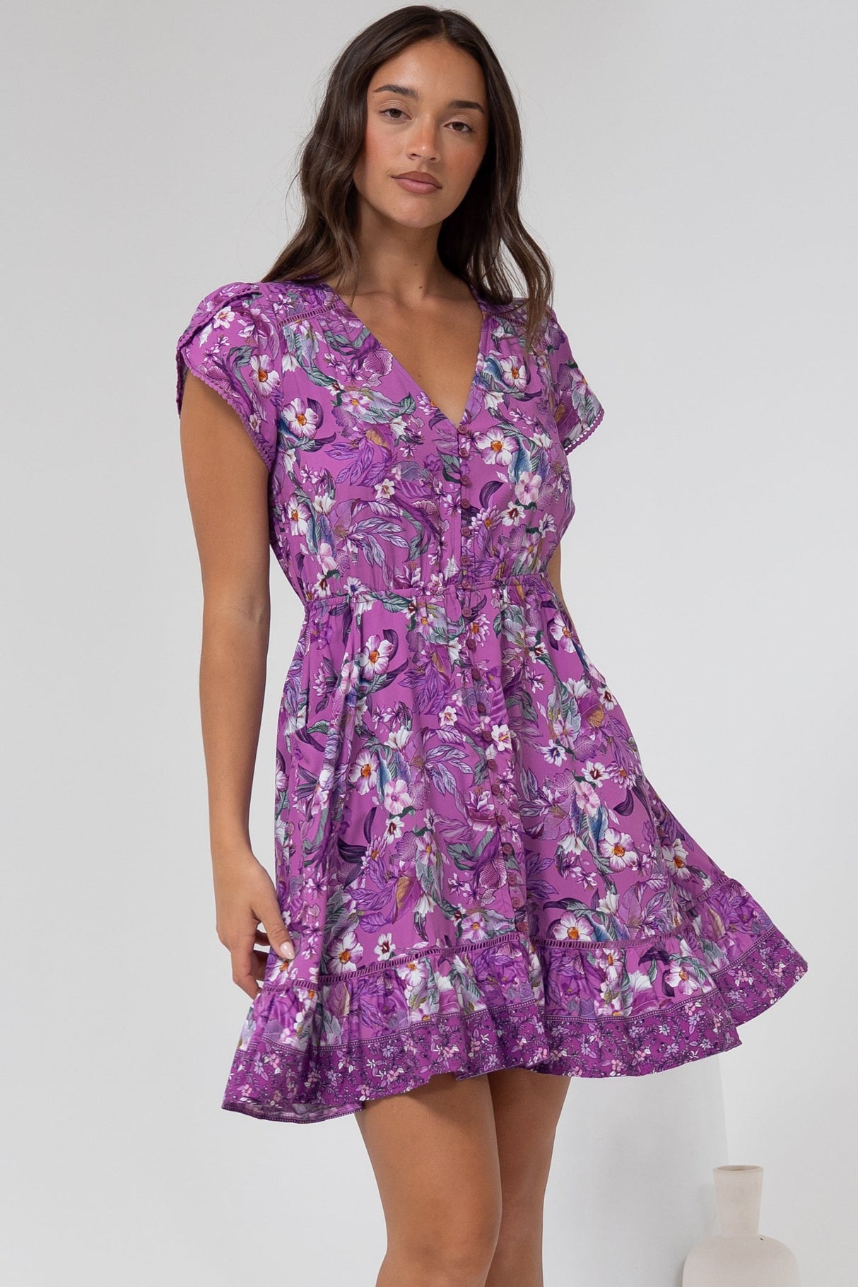 Lizzie Mini Dress - Butterfly Cap Sleeve Button Down Dress with Pockets in Rhodium Print