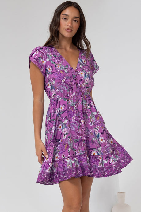 JAASE - Lizzie Mini Dress: Butterfly Cap Sleeve Button Down Dress with Pockets in Rhodium Print