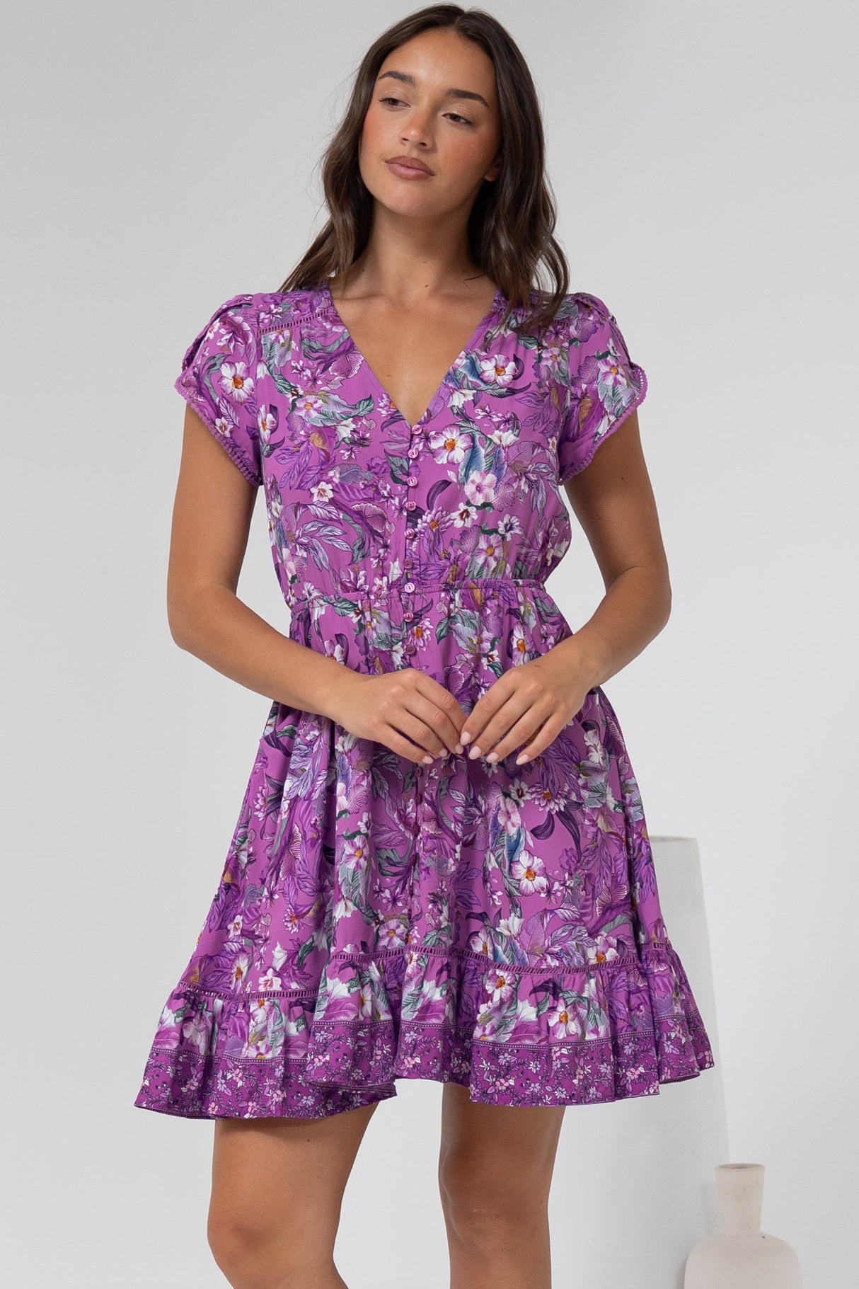 Lizzie Mini Dress - Butterfly Cap Sleeve Button Down Dress with Pockets in Rhodium Print