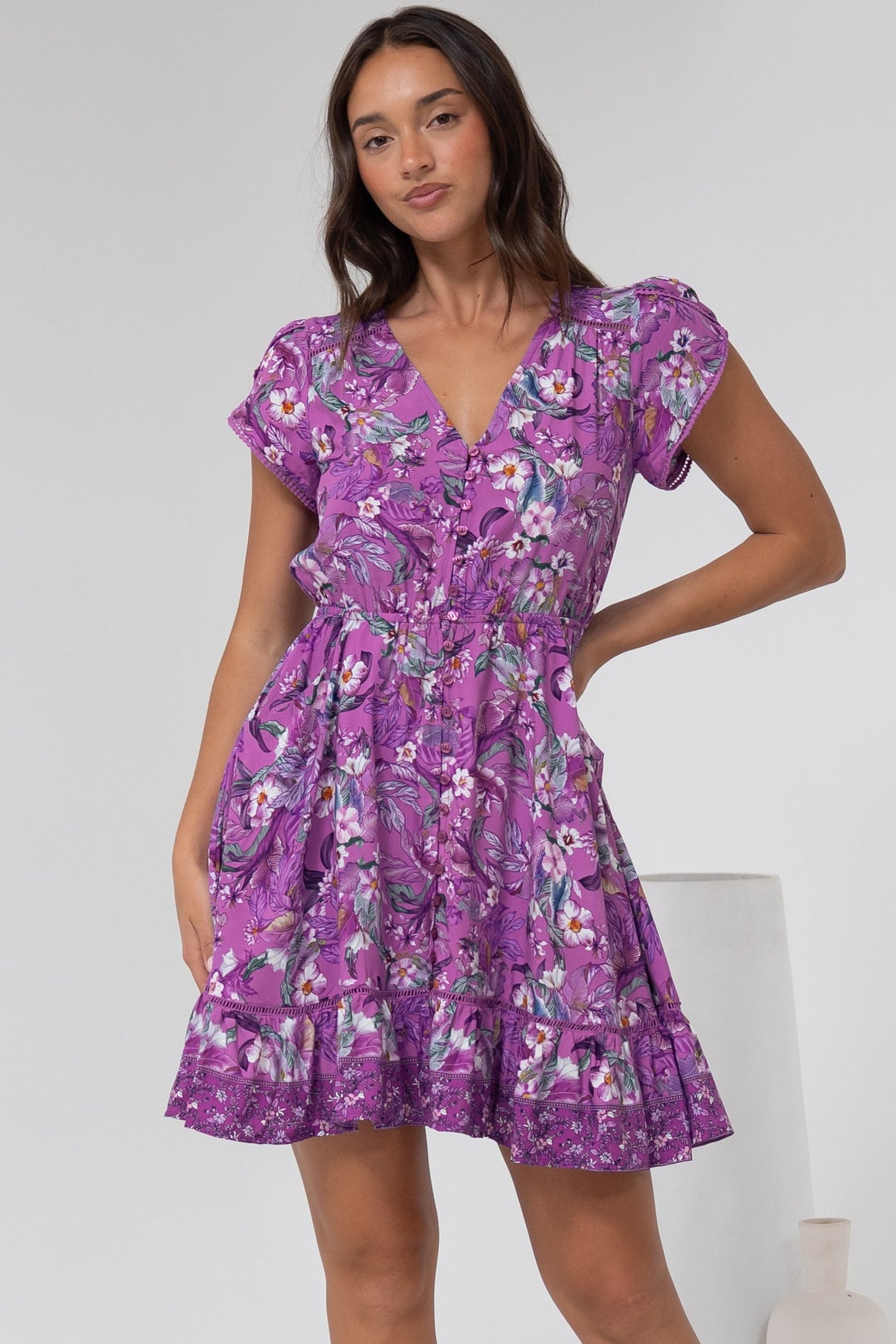 Lizzie Mini Dress - Butterfly Cap Sleeve Button Down Dress with Pockets in Rhodium Print