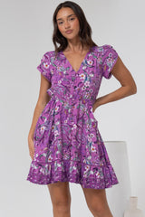 Lizzie Mini Dress - Butterfly Cap Sleeve Button Down Dress with Pockets in Rhodium Print