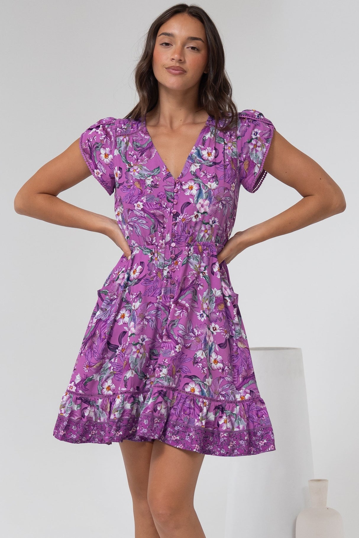 Lizzie Mini Dress - Butterfly Cap Sleeve Button Down Dress with Pockets in Rhodium Print