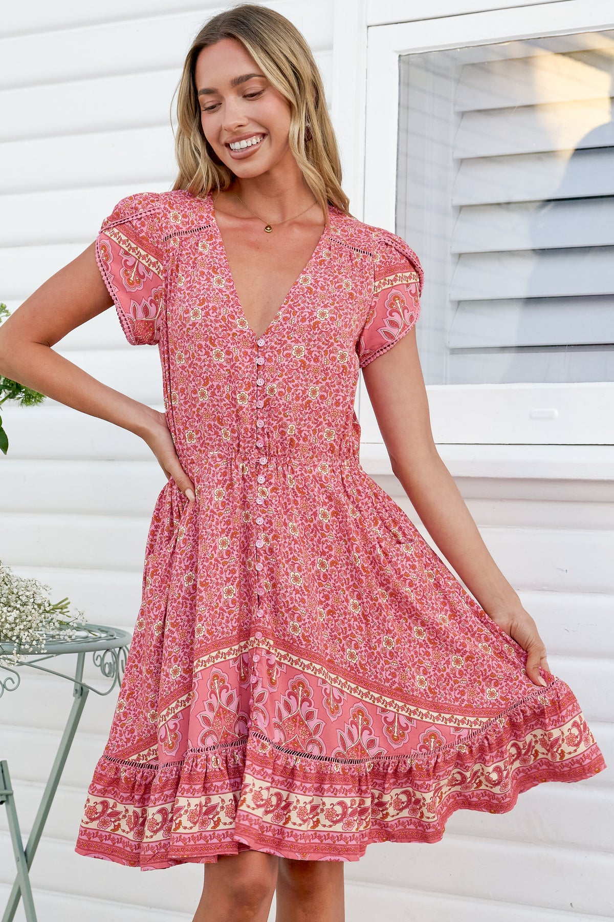 JAASE - Lizzie Mini Dress: Butterfly Cap Sleeve Button Down Dress with Pockets in Strawberries and Cream Print