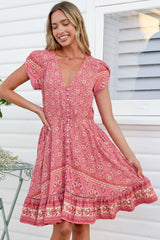 JAASE - Lizzie Mini Dress: Butterfly Cap Sleeve Button Down Dress with Pockets in Strawberries and Cream Print