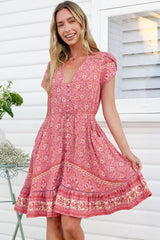 JAASE - Lizzie Mini Dress: Butterfly Cap Sleeve Button Down Dress with Pockets in Strawberries and Cream Print