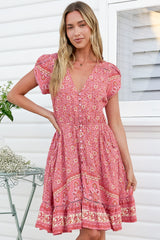 JAASE - Lizzie Mini Dress: Butterfly Cap Sleeve Button Down Dress with Pockets in Strawberries and Cream Print