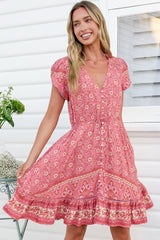 JAASE - Lizzie Mini Dress: Butterfly Cap Sleeve Button Down Dress with Pockets in Strawberries and Cream Print