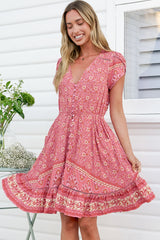 JAASE - Lizzie Mini Dress: Butterfly Cap Sleeve Button Down Dress with Pockets in Strawberries and Cream Print