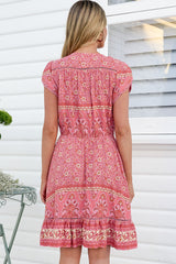 JAASE - Lizzie Mini Dress: Butterfly Cap Sleeve Button Down Dress with Pockets in Strawberries and Cream Print