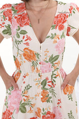 JAASE - Lizzie Mini Dress: Butterfly Cap Sleeve Button Down Dress with Pockets in Verbena Print