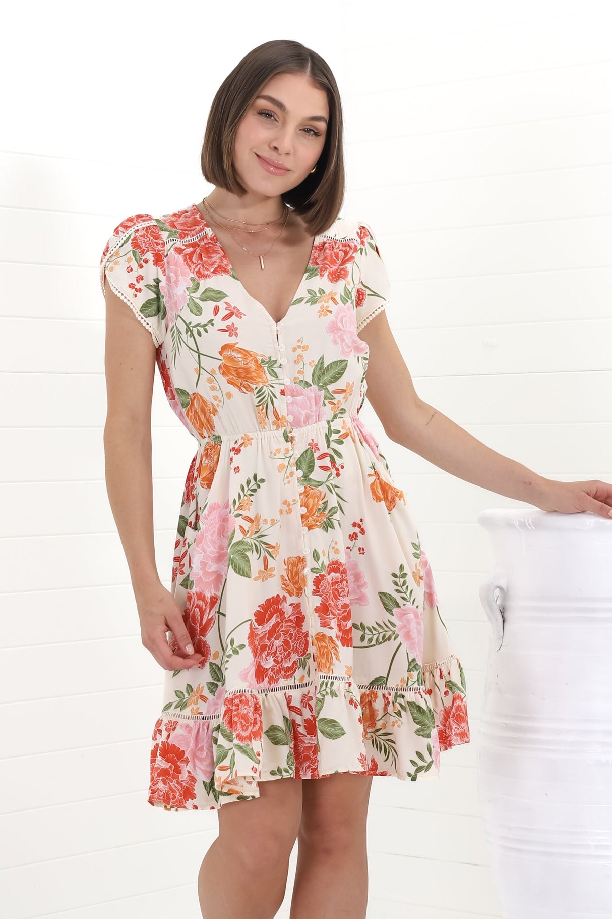 JAASE - Lizzie Mini Dress: Butterfly Cap Sleeve Button Down Dress with Pockets in Verbena Print