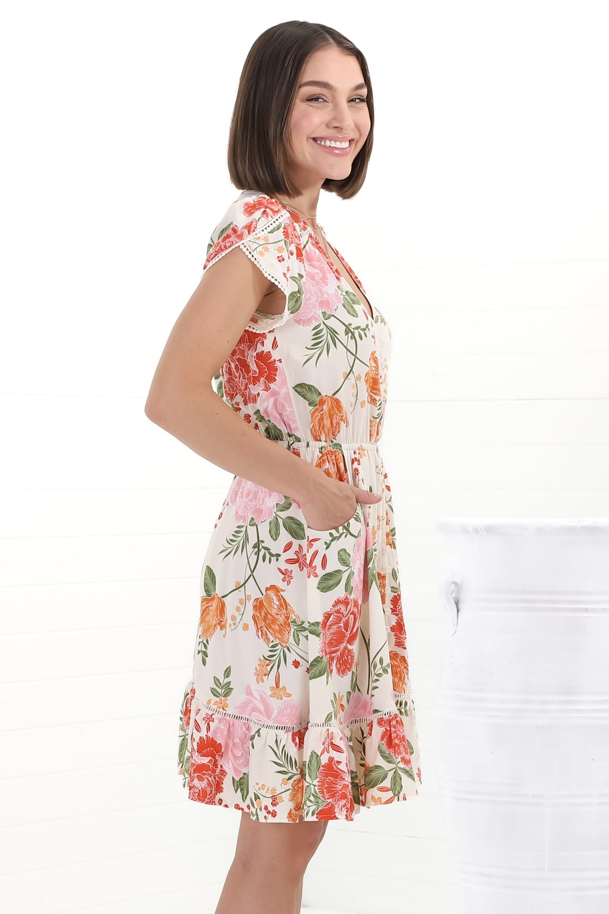 JAASE - Lizzie Mini Dress: Butterfly Cap Sleeve Button Down Dress with Pockets in Verbena Print