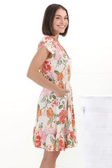 Lizzie Mini Dress - Butterfly Cap Sleeve Button Down Dress with Pockets in Verbena Print