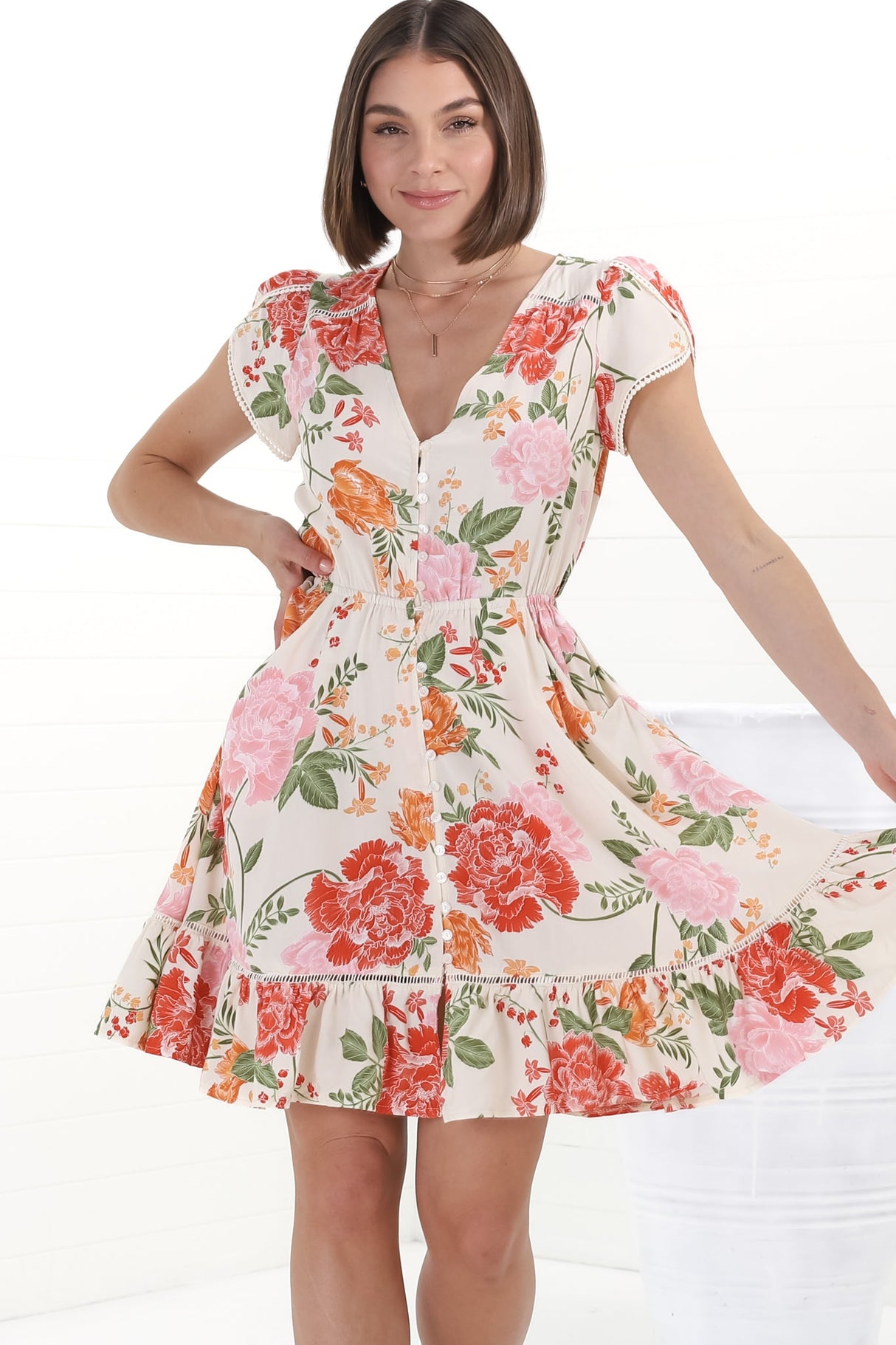 Lizzie Mini Dress - Butterfly Cap Sleeve Button Down Dress with Pockets in Verbena Print