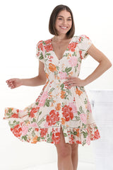 JAASE - Lizzie Mini Dress: Butterfly Cap Sleeve Button Down Dress with Pockets in Verbena Print