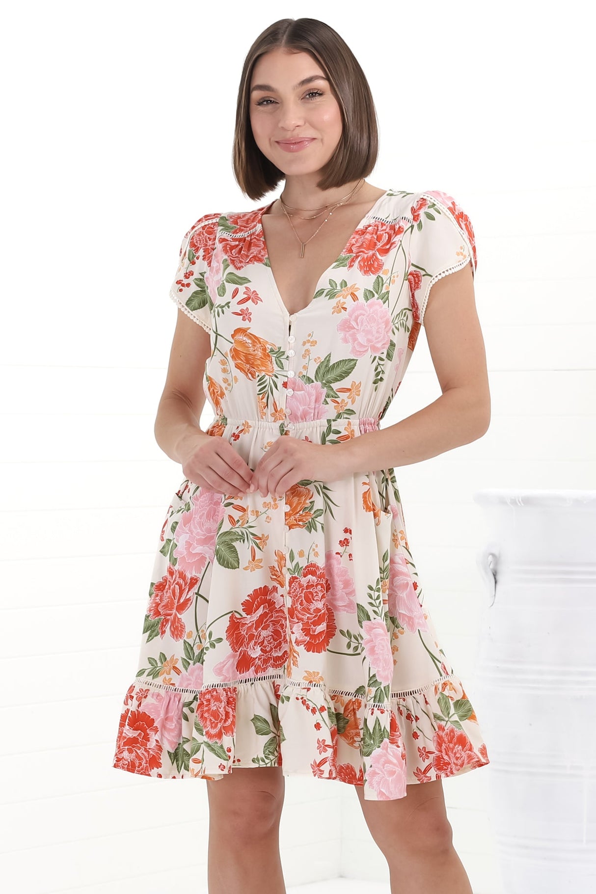 JAASE - Lizzie Mini Dress: Butterfly Cap Sleeve Button Down Dress with Pockets in Verbena Print